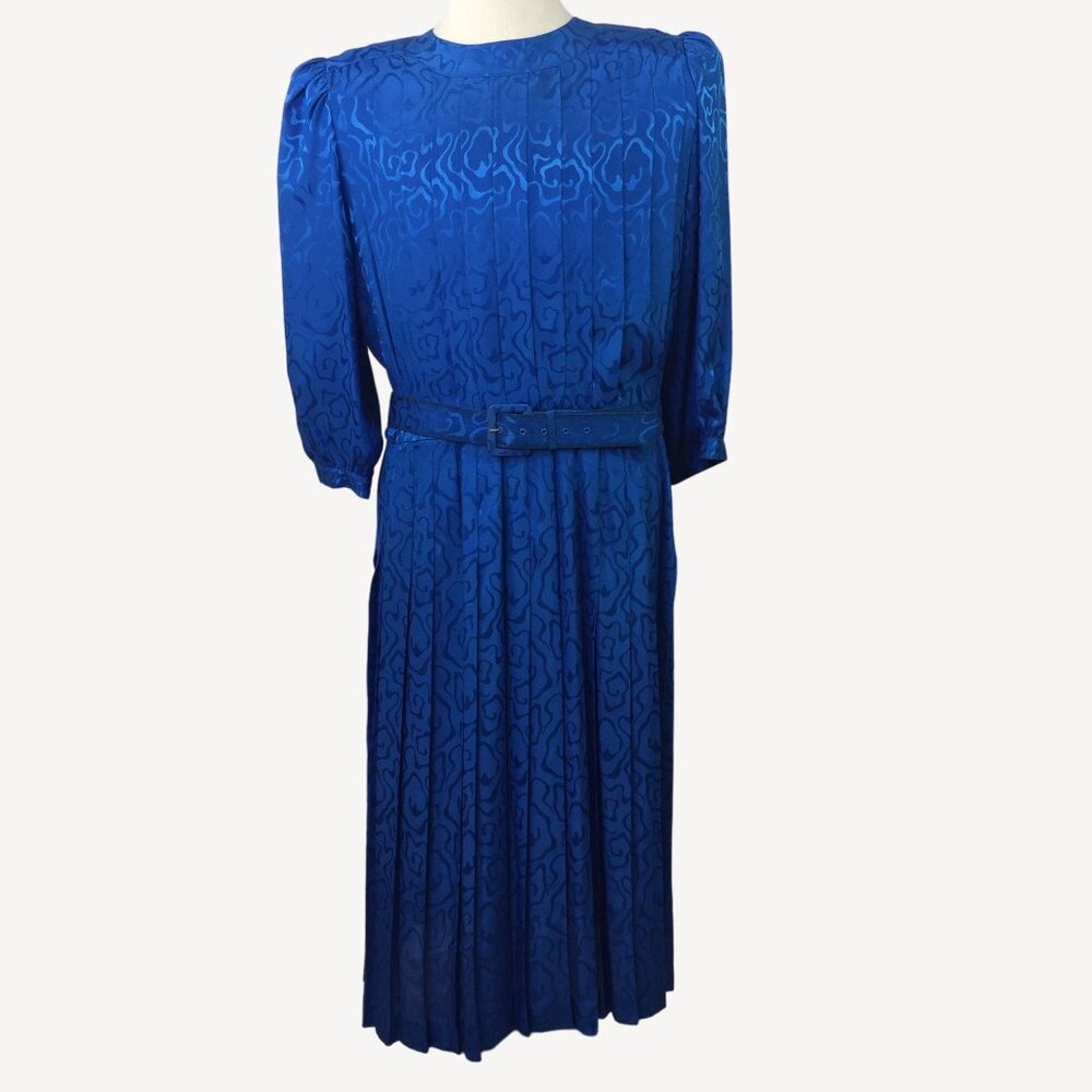 Vintage 80s Argenti Pure Plus Women Blue Accordion Pleat Day Dress Belt Size 16